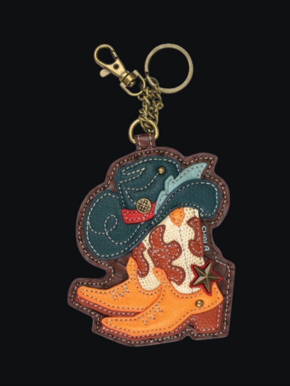 Chala Western Boots & Hat Leather Keychain - Brown/Teal/Orange